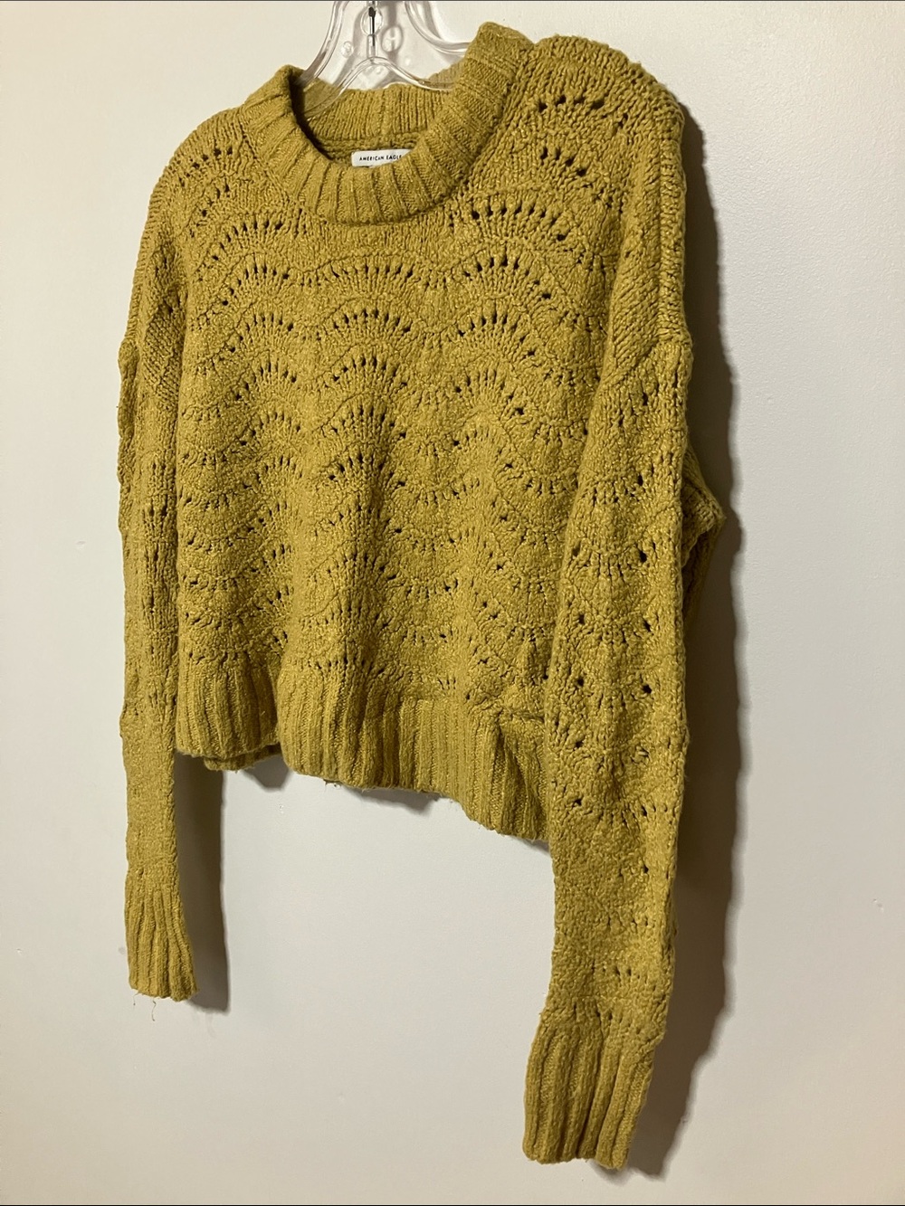 American Eagle Chartreuse Yellow Open Knit Wave Pointelle Cropped Sweater Sz XS